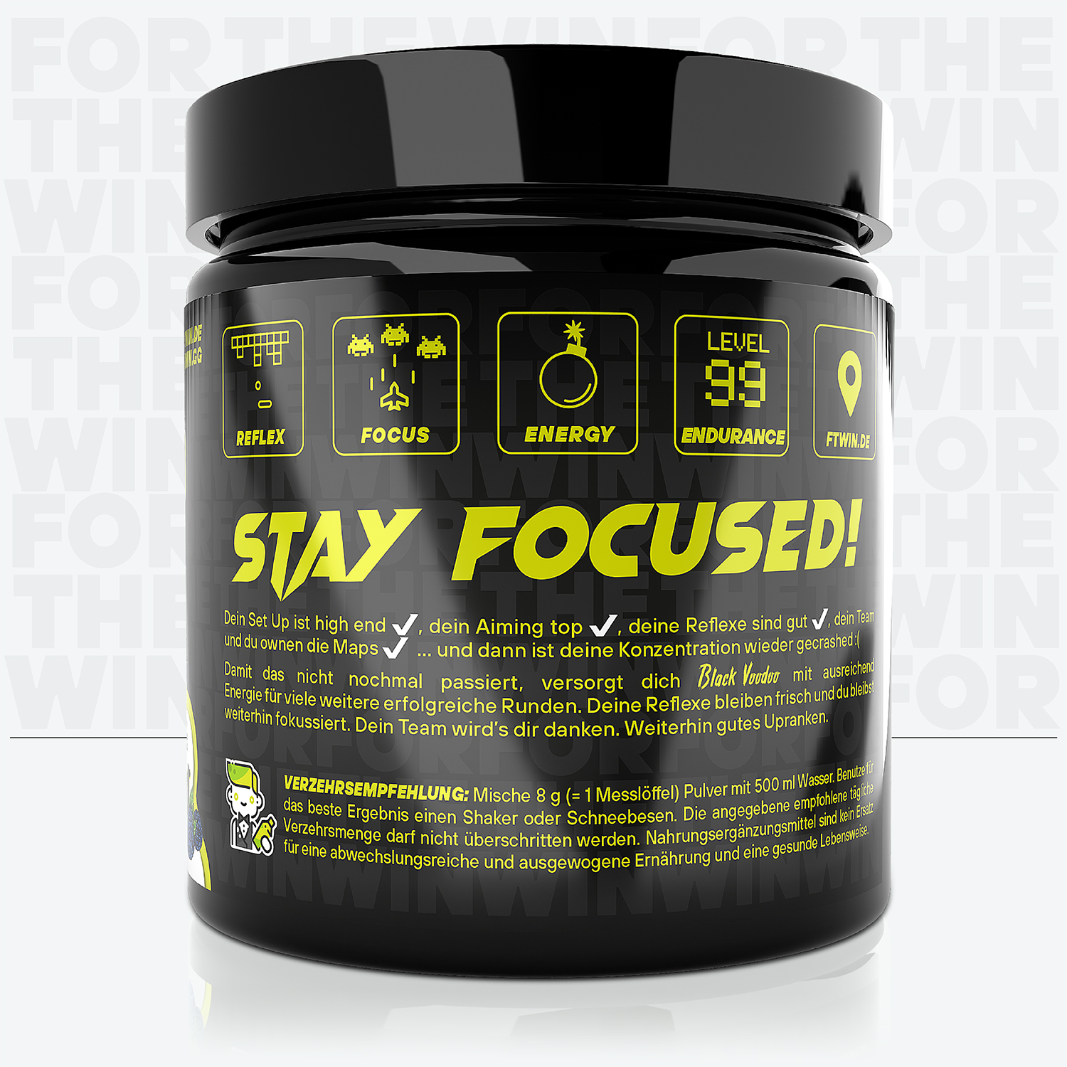 FTWIN High Voltage Gaming Booster – Black Voodoo Flavour Produktabbildung Verzehrsempfehlung